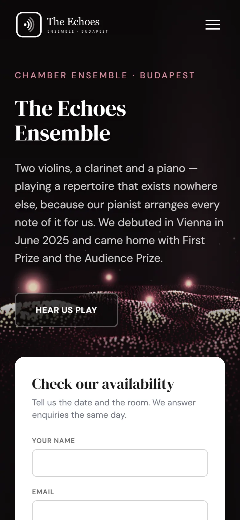 The Echoes Ensemble website on a phone