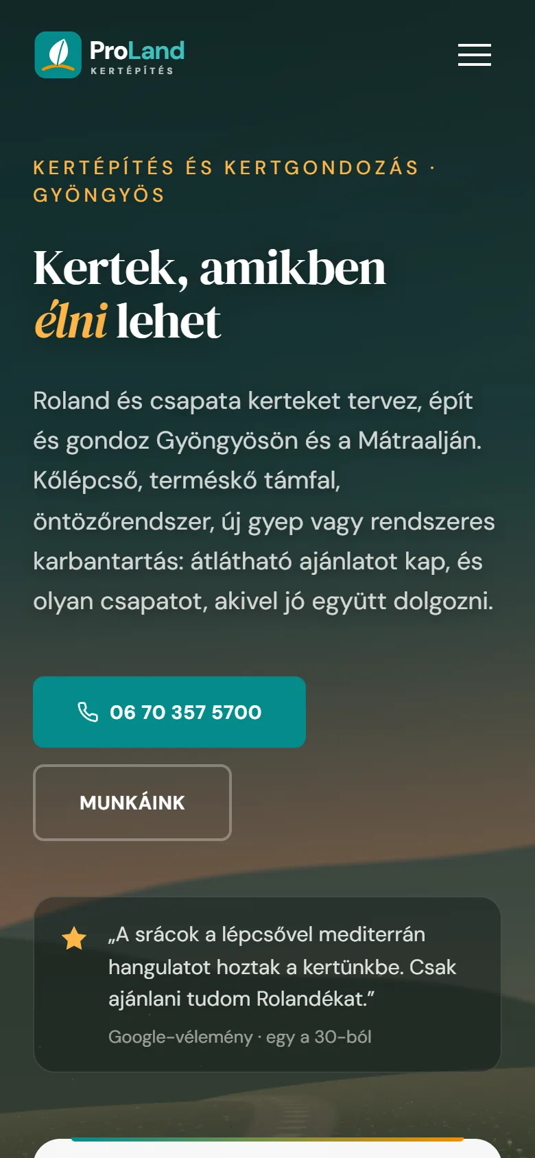 The ProLand Kertépítés website on a phone